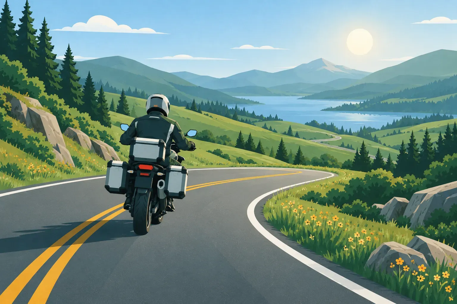 A rider in protective gear on a motorcycle along a winding road