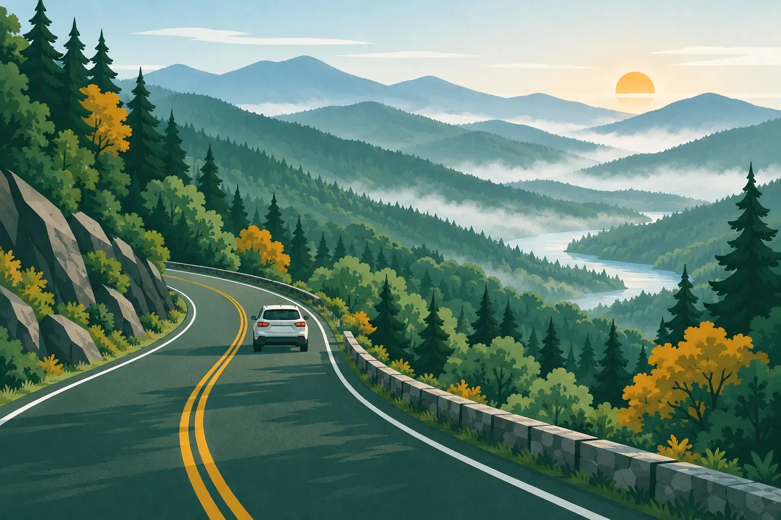 A winding parkway through misty Blue Ridge Mountains, a typical landscape of North Carolina