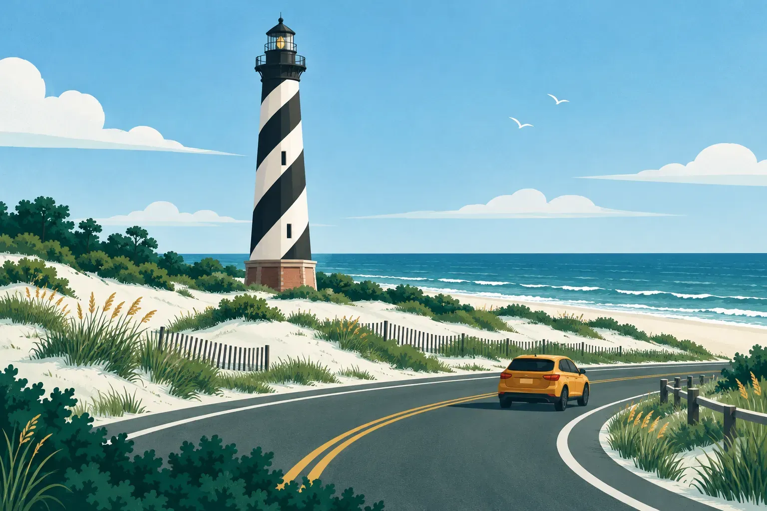 A black and white spiral-striped lighthouse on the Outer Banks dunes, in North Carolina